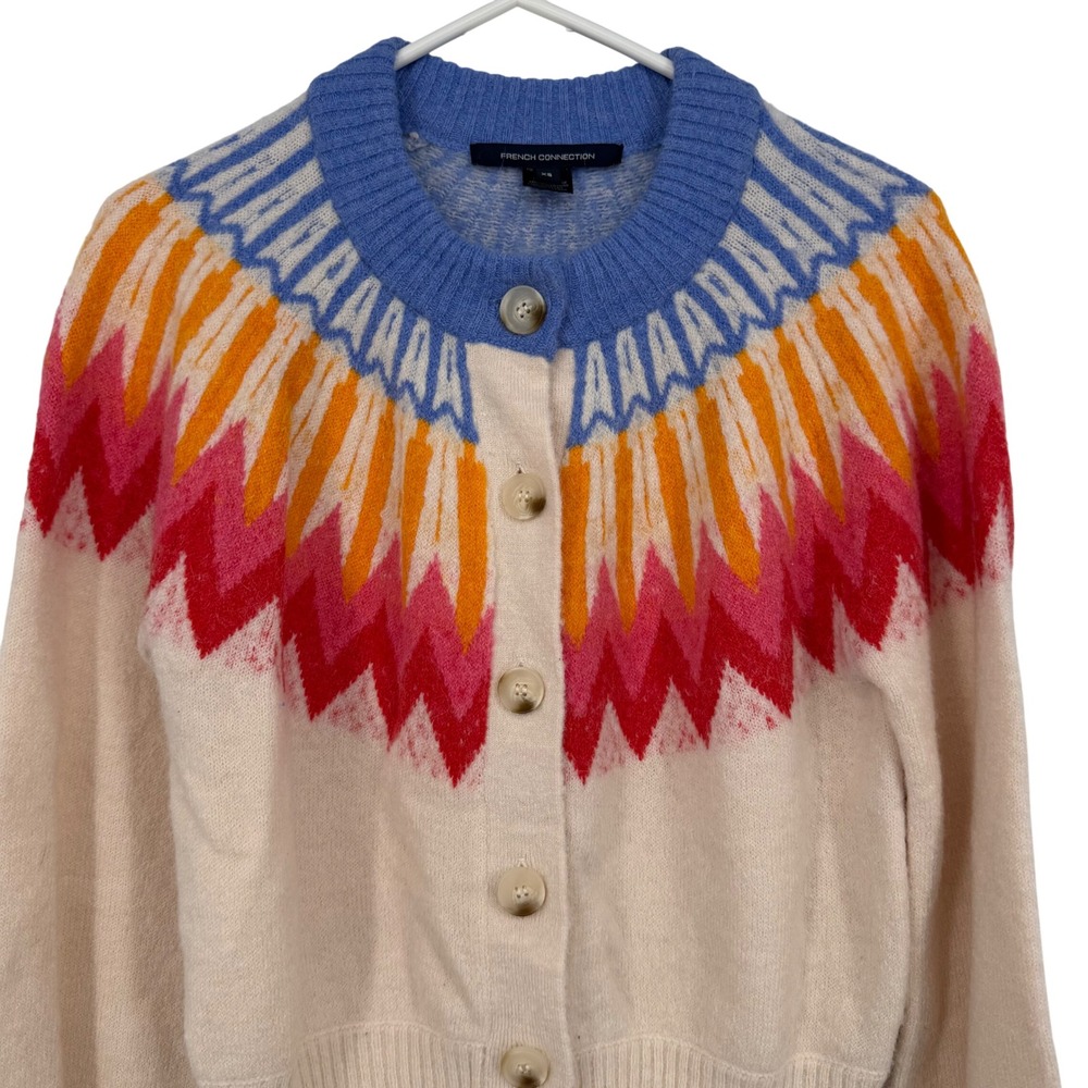 French Connection Cardigan Women XS Cream Multi Fair Isle Knit Button Sweater